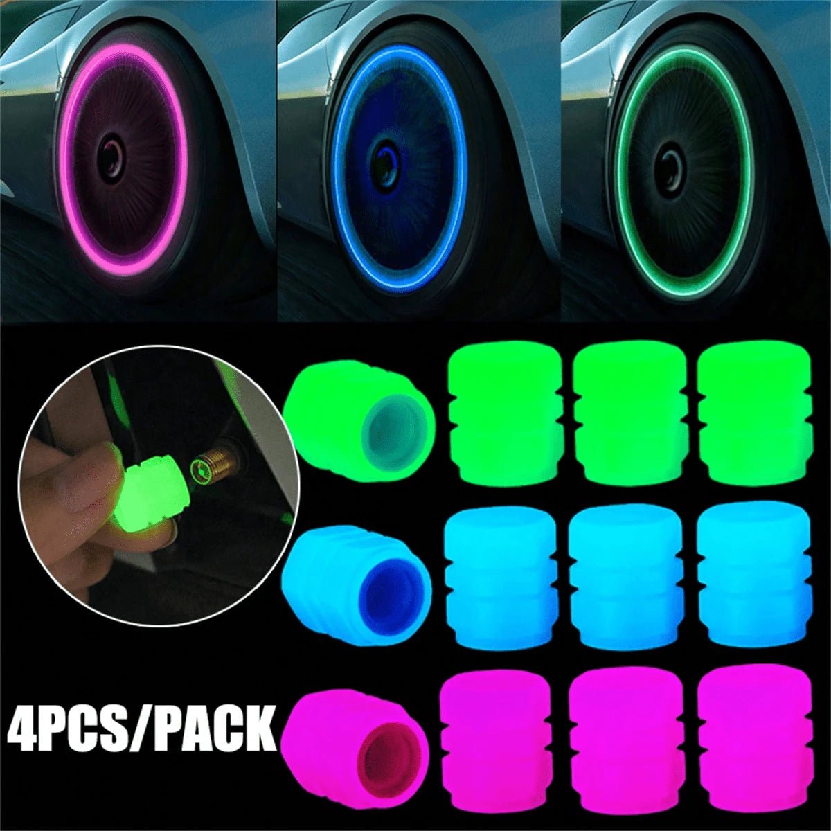 4cs Glow In The Dark Valve Caps, Valve Caps, Universal Fluorescent Tire Valve,Daytime Light Absorption, Long Light Effect Time. The Car's Luminous Valve Is Green, Pink, Blue, Yellow. The Car Tire Valve Cap And Motorcycle Valve Core Emit Light
