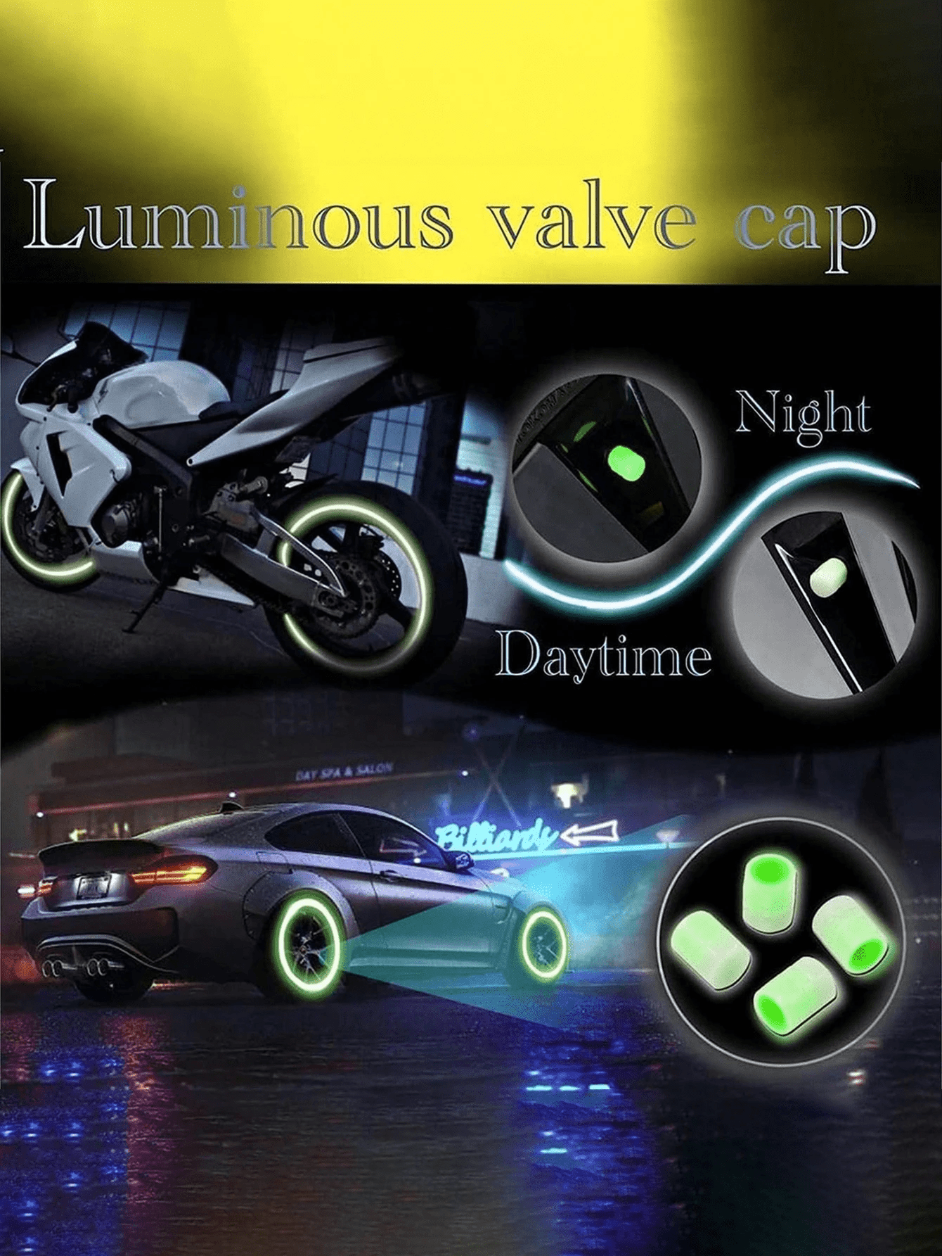 4cs Glow In The Dark Valve Caps, Valve Caps, Universal Fluorescent Tire Valve,Daytime Light Absorption, Long Light Effect Time. The Car's Luminous Valve Is Green, Pink, Blue, Yellow. The Car Tire Valve Cap And Motorcycle Valve Core Emit Light