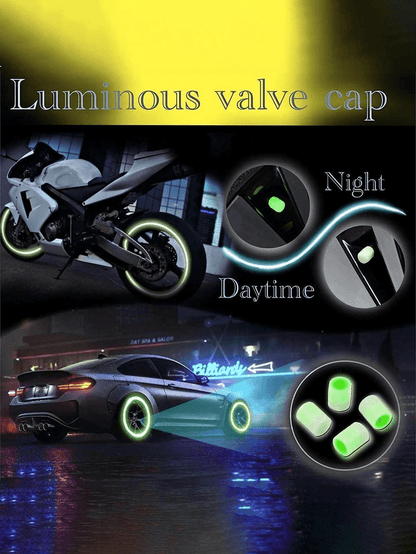 4cs Glow In The Dark Valve Caps, Valve Caps, Universal Fluorescent Tire Valve,Daytime Light Absorption, Long Light Effect Time. The Car's Luminous Valve Is Green, Pink, Blue, Yellow. The Car Tire Valve Cap And Motorcycle Valve Core Emit Light