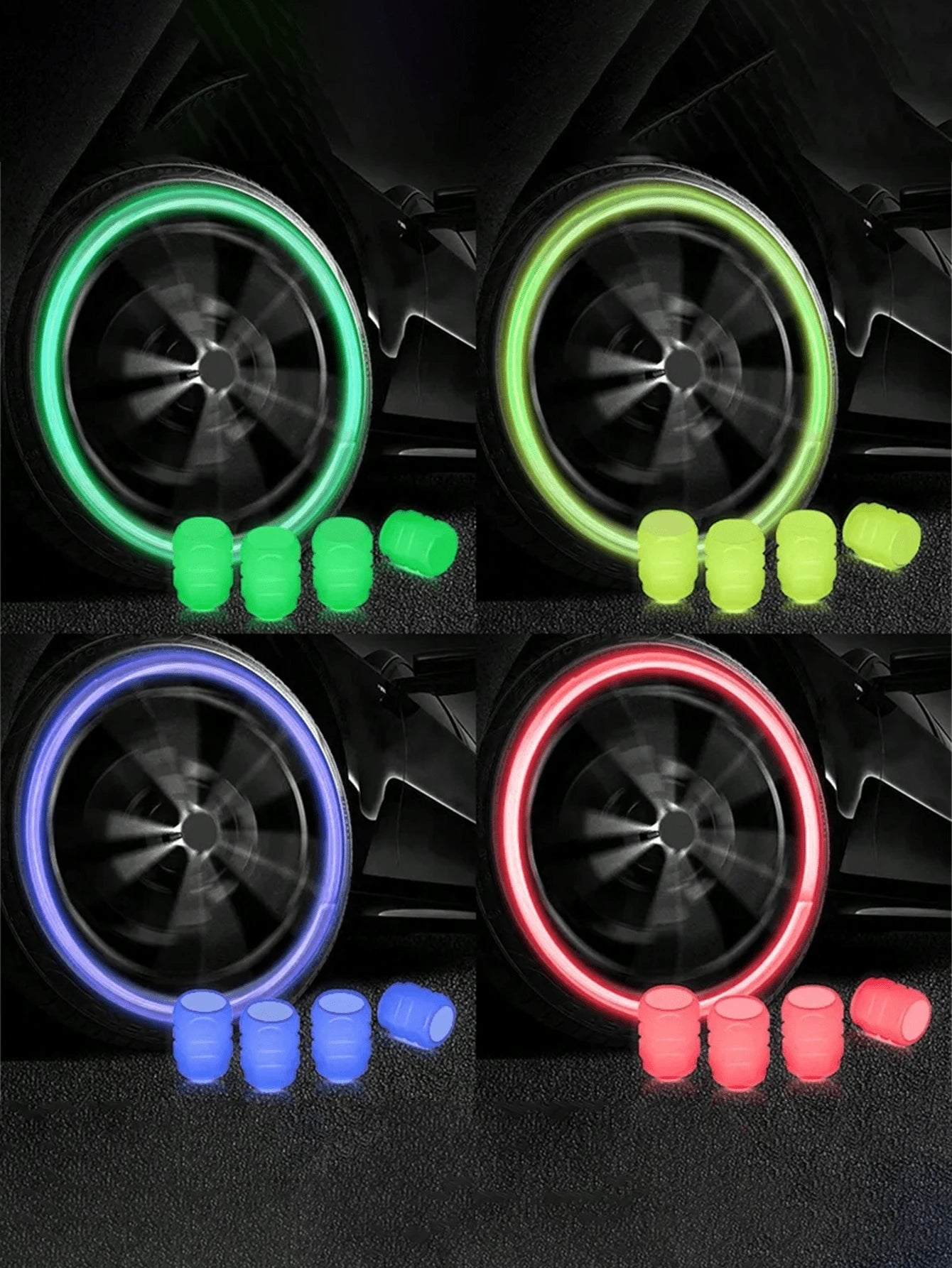 4cs Glow In The Dark Valve Caps, Valve Caps, Universal Fluorescent Tire Valve,Daytime Light Absorption, Long Light Effect Time. The Car's Luminous Valve Is Green, Pink, Blue, Yellow. The Car Tire Valve Cap And Motorcycle Valve Core Emit Light